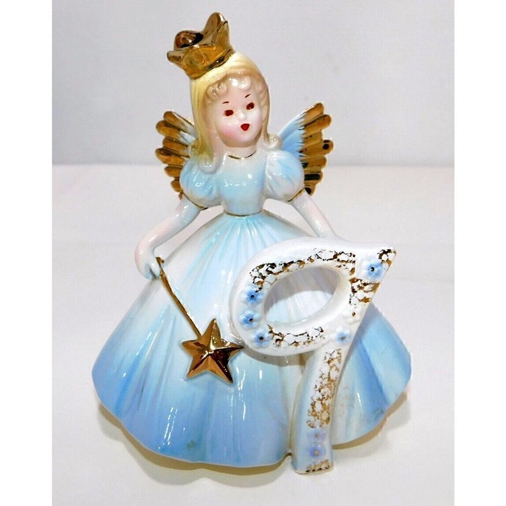Vintage JOSEF blue & gold angel, fairy 9th birthday porcelain figurine 4.5" tall